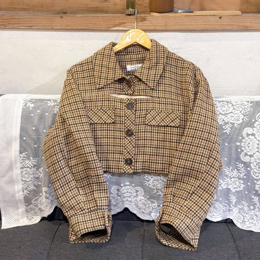 🍂 Vintage Brown Houndstooth Cropped Jacket
